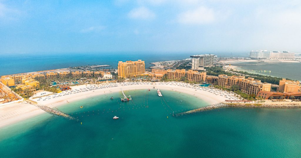 Aerial view of Al Marjan Island man-made archipelago in Ras Al Khaimah tourist places