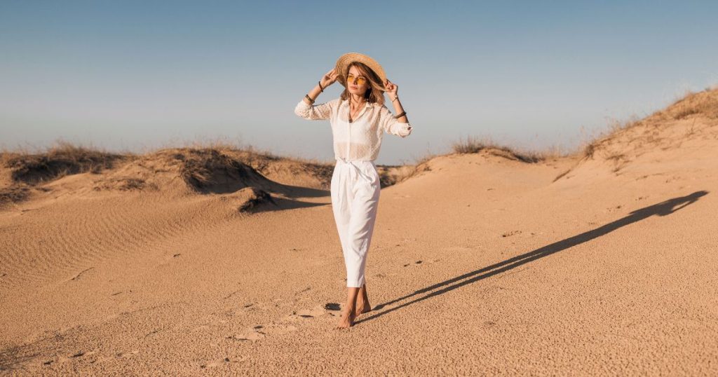 Woman wearing lightweight clothing during Dubai Desert Safari