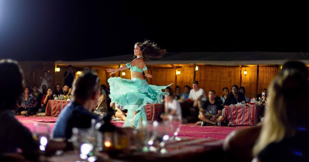 BBQ dinner at Dubai Desert Safari camp after camel ride