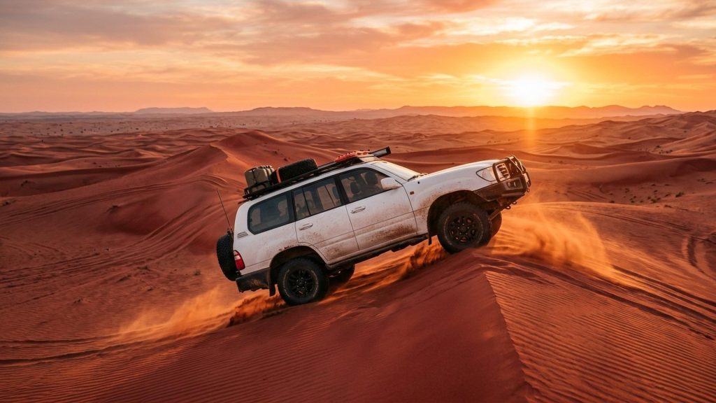 Dubai desert safari vehicle against golden sand dunes